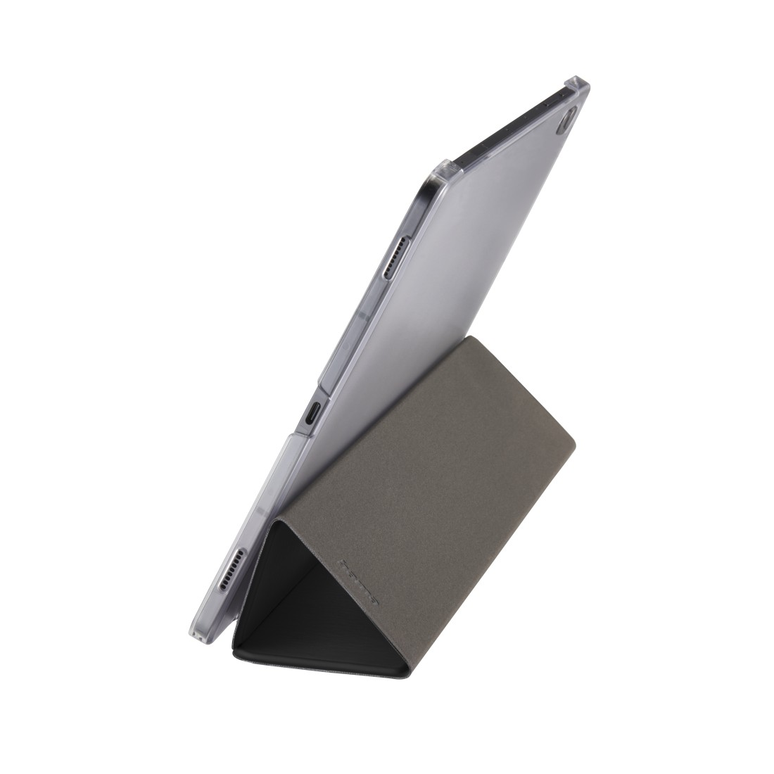 Ein Tablet in einer grauen Standhülle. Das Tablet ist klar, der Ständer ist grau mit schwarzem Innenraum. Der Hintergrund ist weiß.