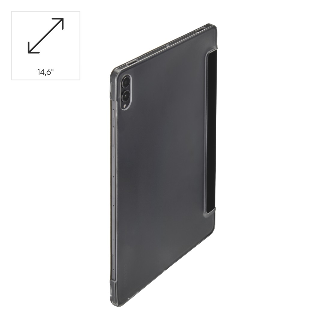 Ein Tablet in einer transparenten Hülle. Der Bildschirm ist dunkel und die Hülle hat einen eingebauten Ständer. Eine 14,6-Zoll-Grafik ist in der Ecke.
