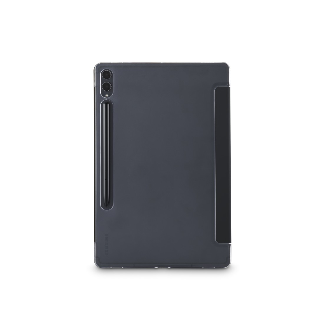 Ein dunkelgraues Tablet mit schwarzem Stift und Schutzhülle wird auf weißem Hintergrund angezeigt.