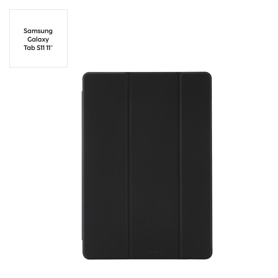 Eine schwarze Tablet-Hülle, geschlossen und vertikal, vor weißem Hintergrund. Text oben links: Samsung Galaxy Tab S11 11".