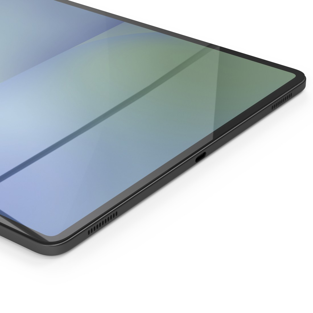 Nahaufnahme eines Tablets mit schwarzem Rahmen, Farbverlauf-Bildschirm und weißem Hintergrund.
