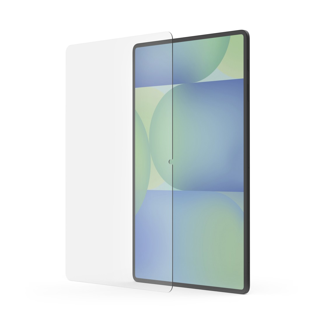 Ein Tablet mit Displayschutzfolie. Der Bildschirm zeigt ein farbenfrohes abstraktes Design. Die Folie ist teilweise abgezogen.