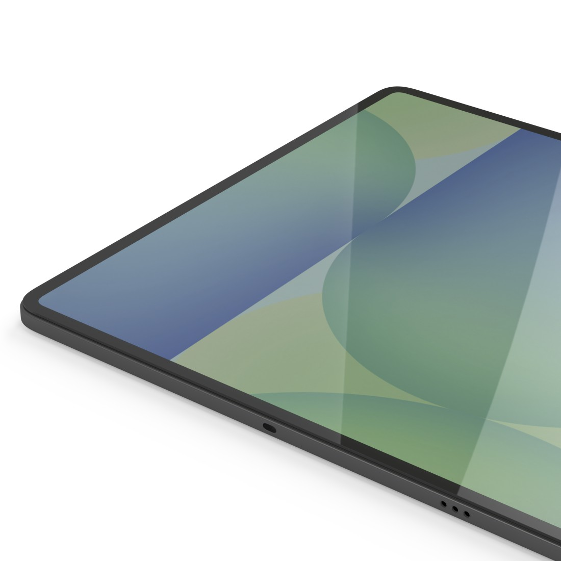 Nahaufnahme eines Tablets. Der Bildschirm zeigt ein geometrisches Design mit blauen und grünen Formen. Das Tablet hat einen schwarzen Rahmen, auf weißem Hintergrund.