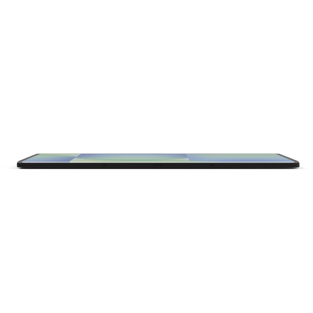 Ein schwarzes Tablet wird von der Seite gesehen. Der Bildschirm zeigt ein farbenfrohes Muster. Der Hintergrund ist weiß.