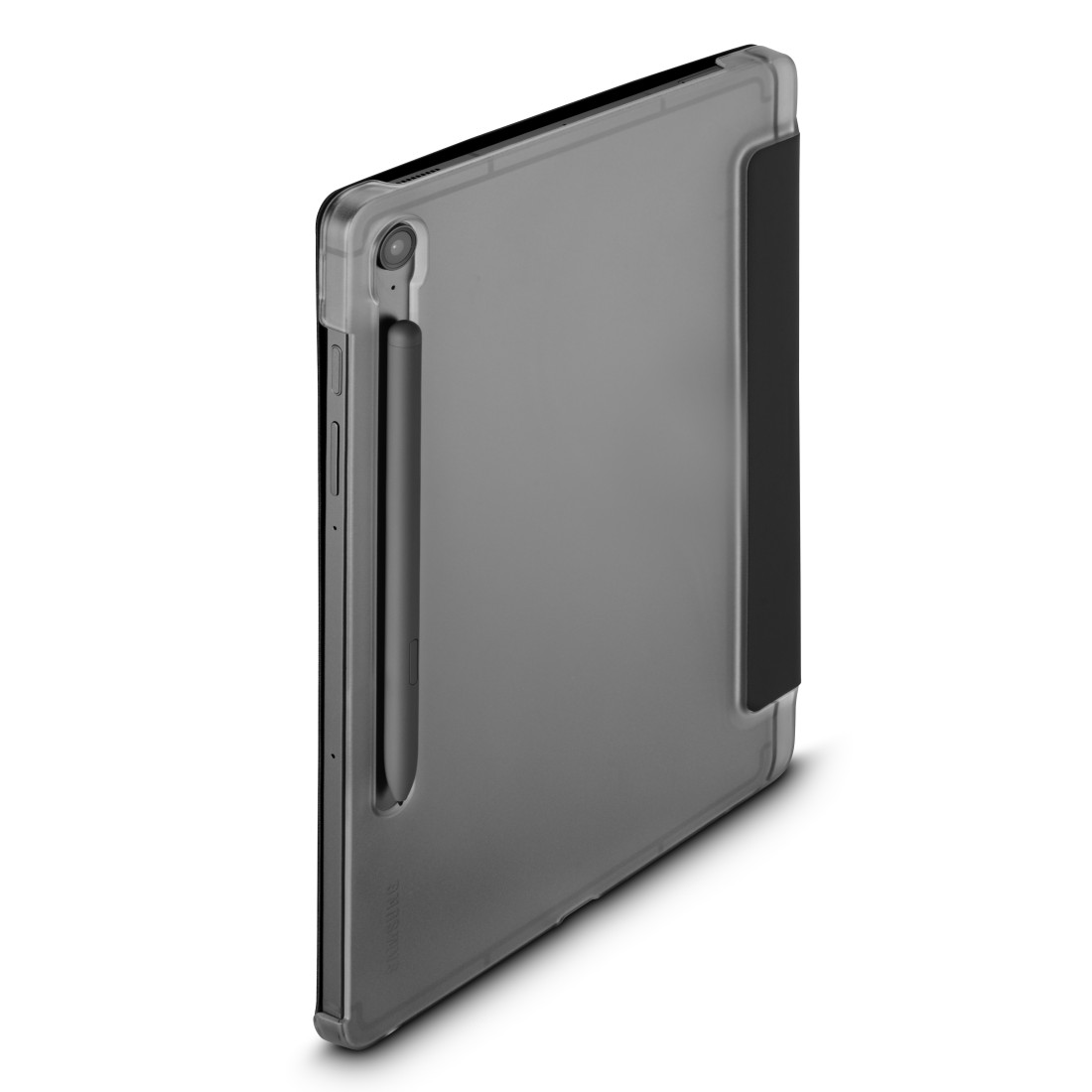 Ein Tablet in einer transparenten Schutzhülle mit befestigtem Stift. Die Hülle hat eine schwarze Abdeckung an der Seite. Das Tablet liegt auf einer weißen Oberfläche.