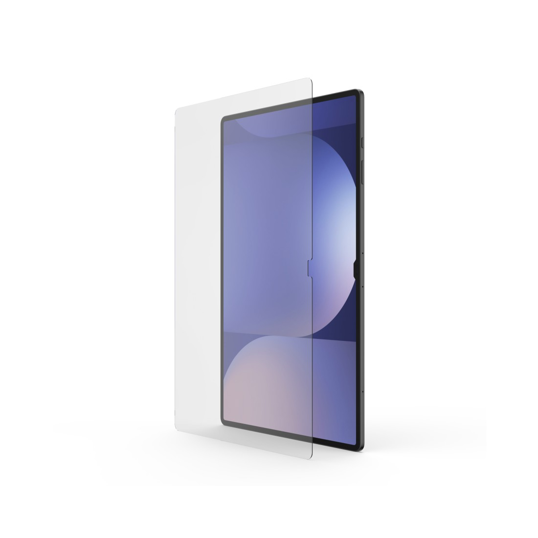 Ein Tablet, auf das eine Displayschutzfolie aufgebracht wird. Das Tablet ist schwarz und hat ein blau-weißes Display. Der Schutz ist klar.
