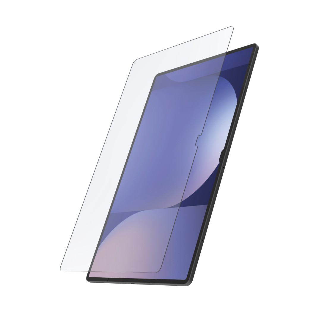 Ein Tablet mit Displayschutzfolie. Das Tablet ist schwarz mit lila Bildschirm. Der Schutz ist klar und leicht versetzt.