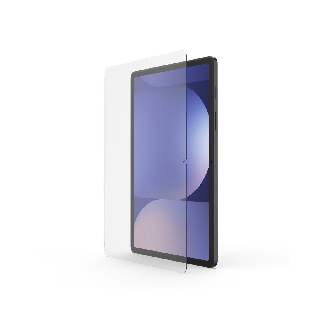 Ein Tablet mit Displayschutzfolie. Das Tablet ist schwarz mit blauem und weißem Bildschirm. Der Schutz ist klar und leicht versetzt.