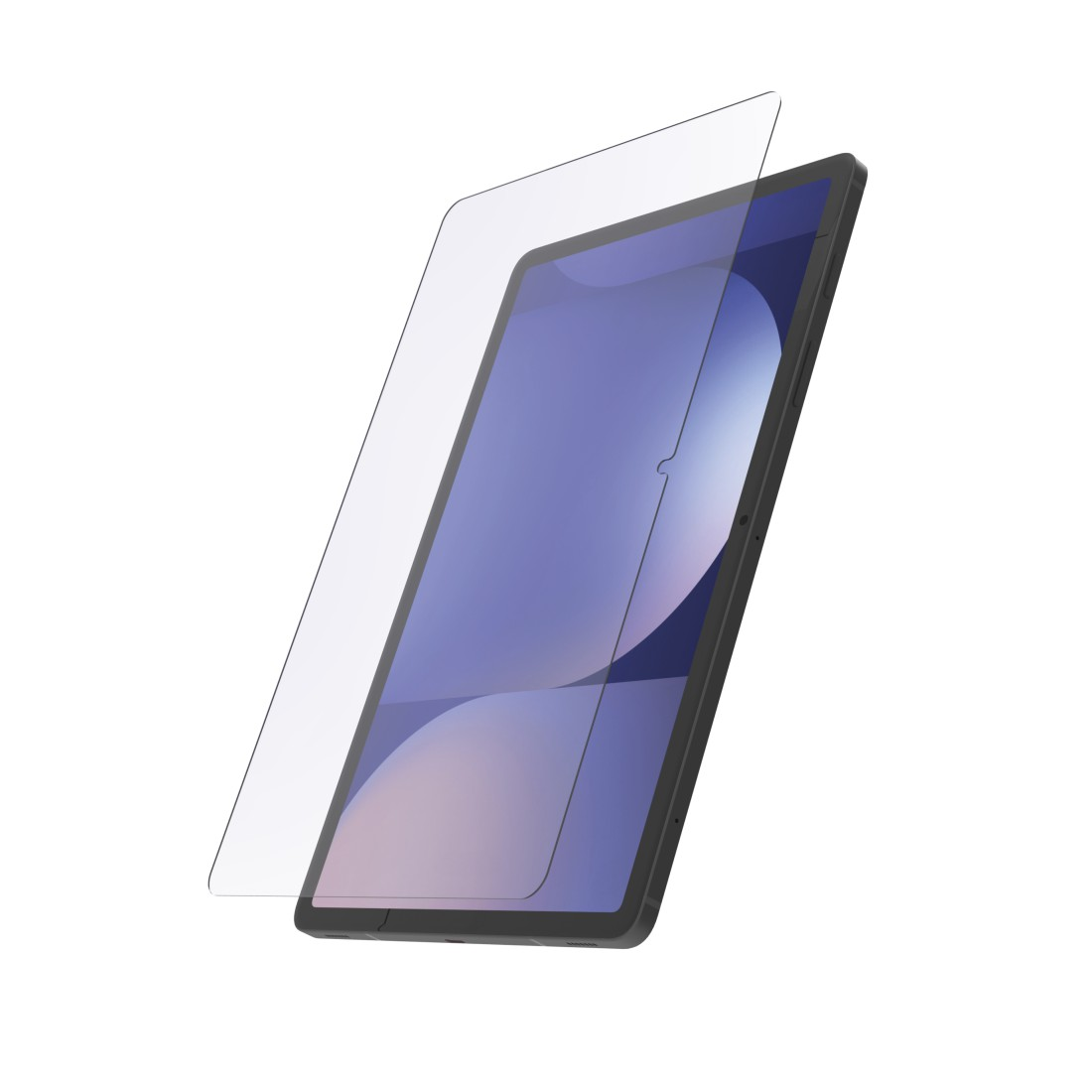 Ein Tablet mit Displayschutzfolie wird gezeigt. Das Tablet ist schwarz, der Bildschirm zeigt einen blau-violetten Farbverlauf. Der Schutz ist klar.