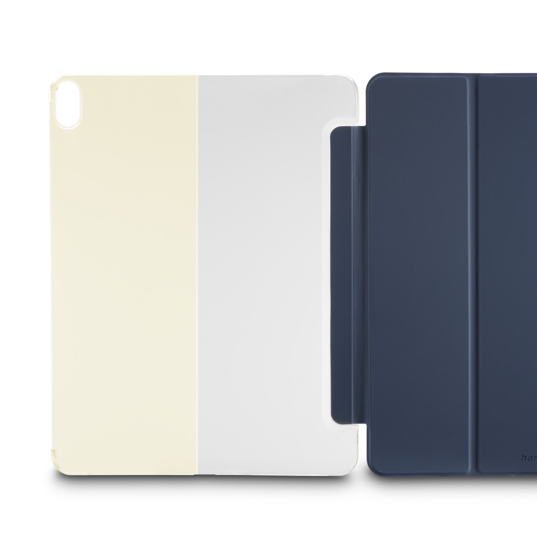 Eine iPad-Hülle mit drei Abschnitten: cremefarben, weiß und marineblau. Der marineblaue Abschnitt ist gefaltet.