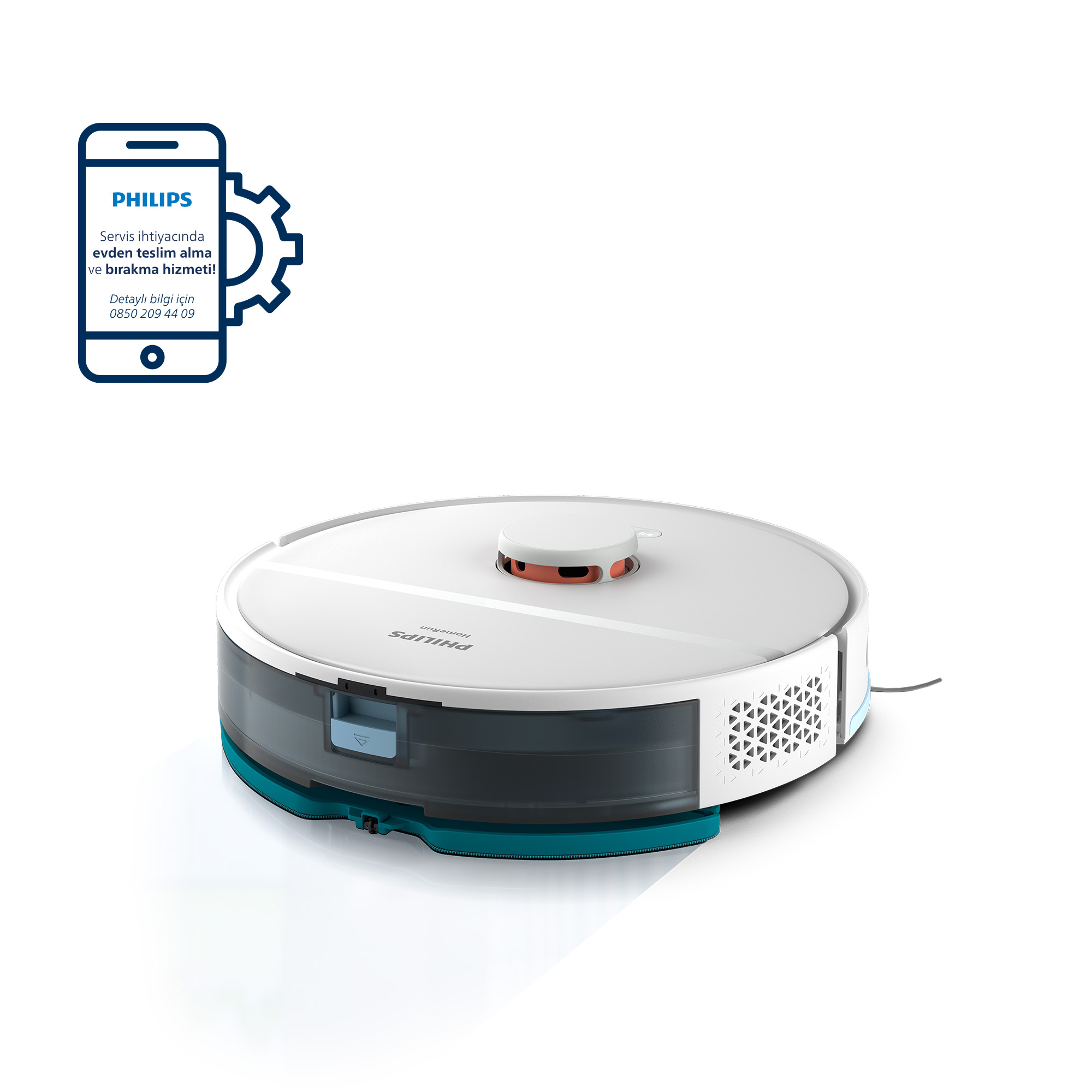 Turkuaz süslemeli beyaz bir Philips HomeRun robot süpürgesi. Sol tarafta bir telefon simgesi ve hizmet hakkında metin görülüyor.