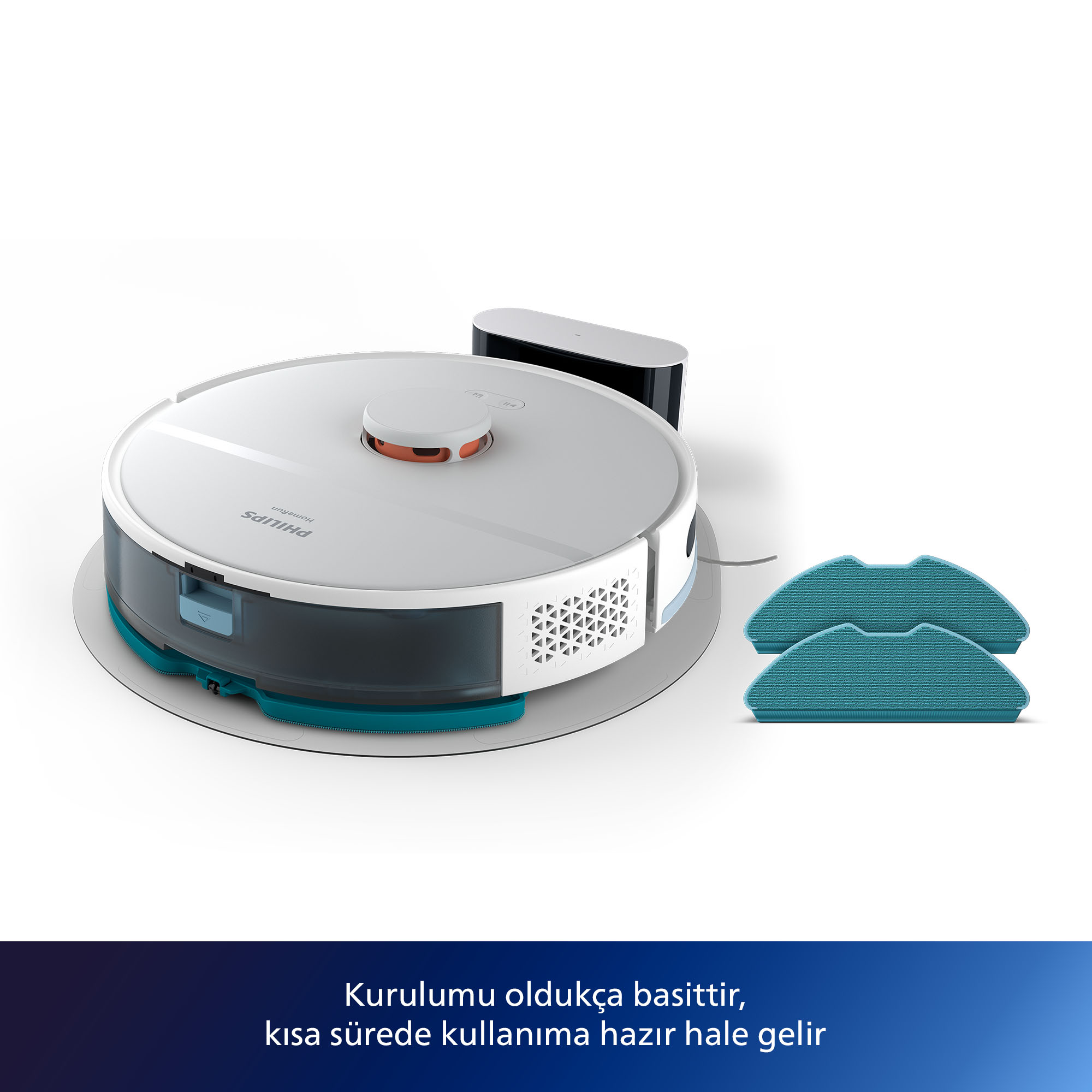 Beyaz ve gri bir robot süpürge, beyaz bir arka plan üzerinde aksesuarlarla. İki turkuaz temizleme pedi gösteriliyor.