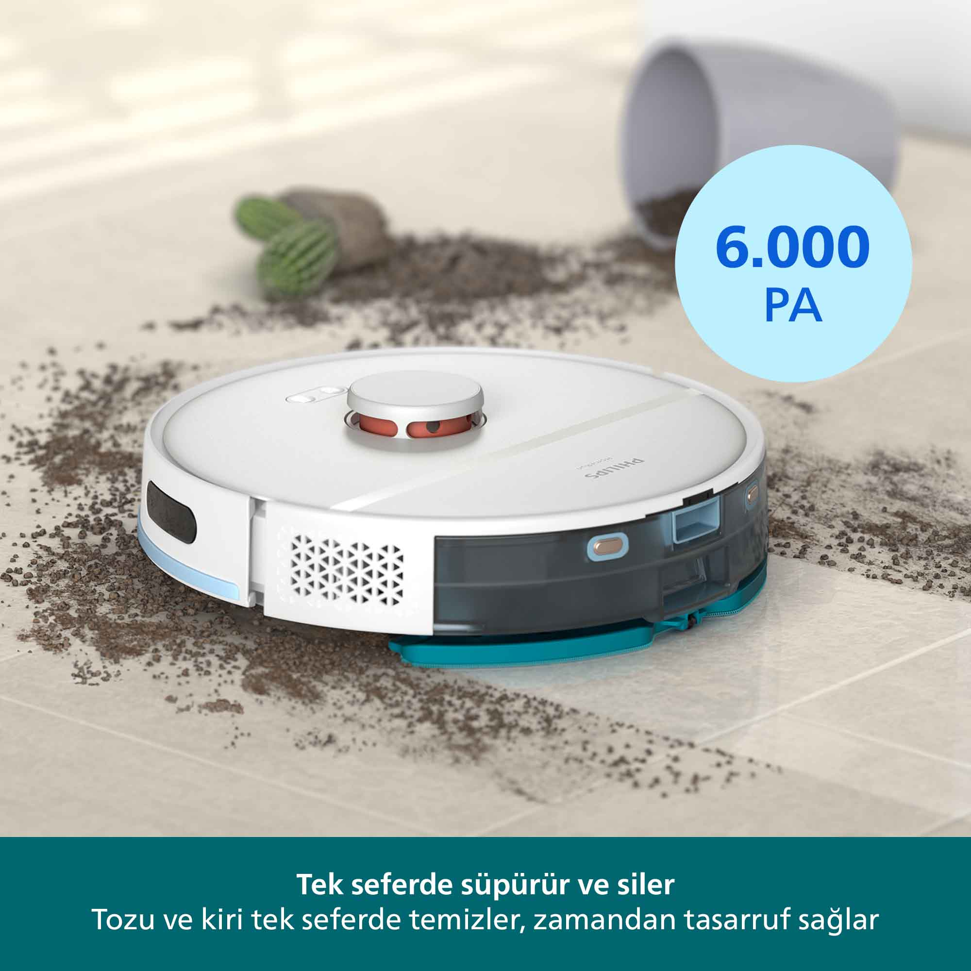 Beyaz ve siyah bir robot süpürge, fayans bir zeminde kir temizliyor. 6.000 PA yazılı mavi bir daire gösteriliyor.