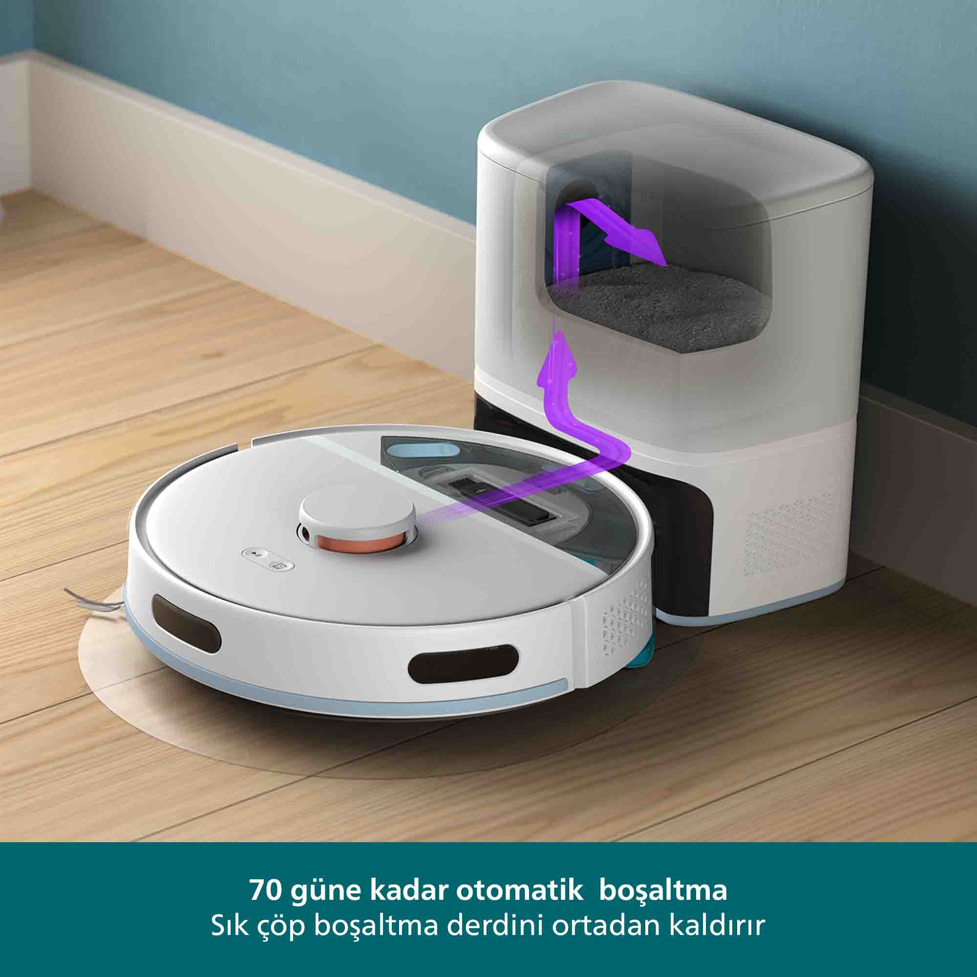 Bir robot süpürge ve yuvası ahşap bir zeminde. Mor oklar boşaltma işlemini gösteriyor. Türkçe metin.