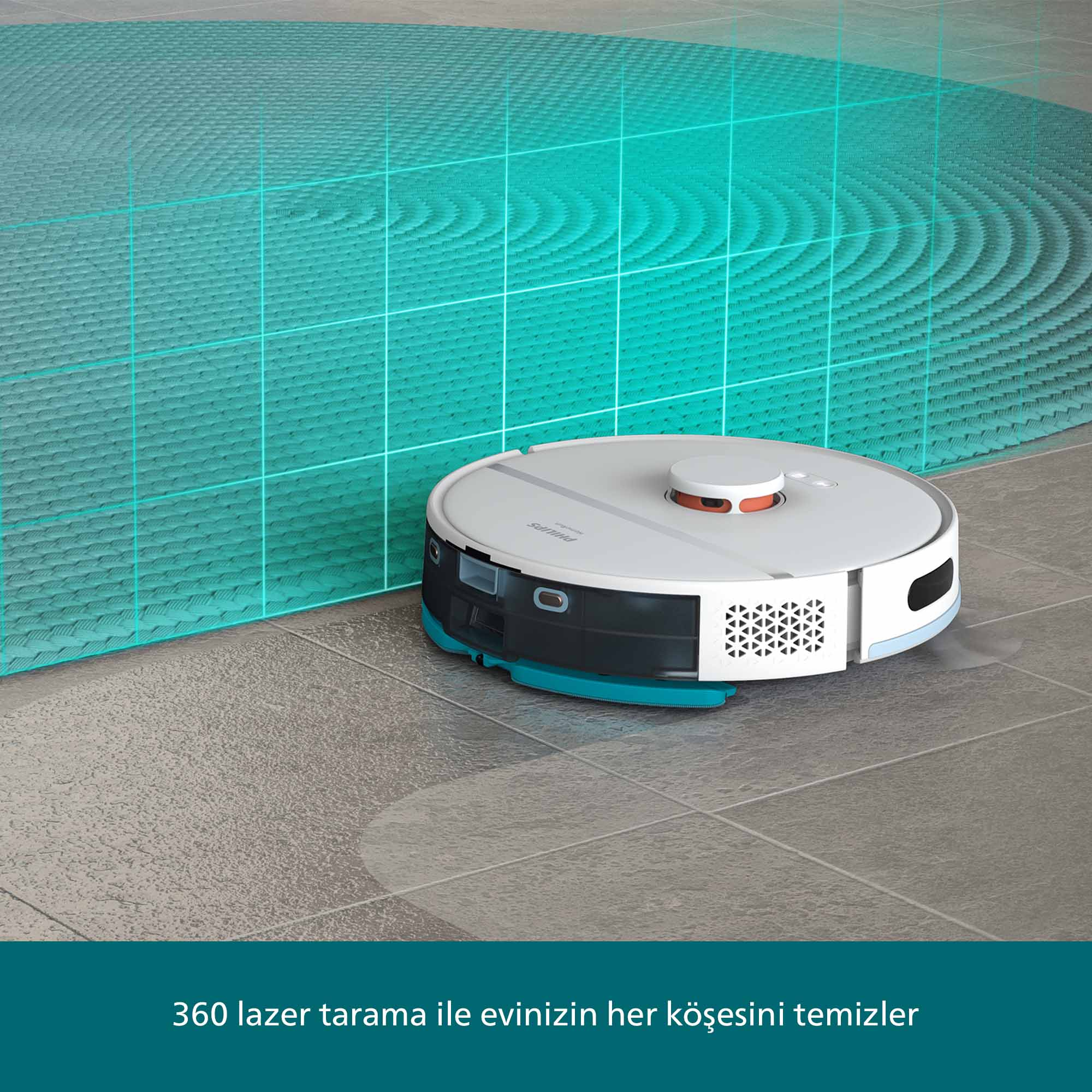 Karo döşemeli bir zeminde, dokulu turkuaz bir arka plan üzerinde bir robot süpürge. Beyaz, siyah ve mavidir.