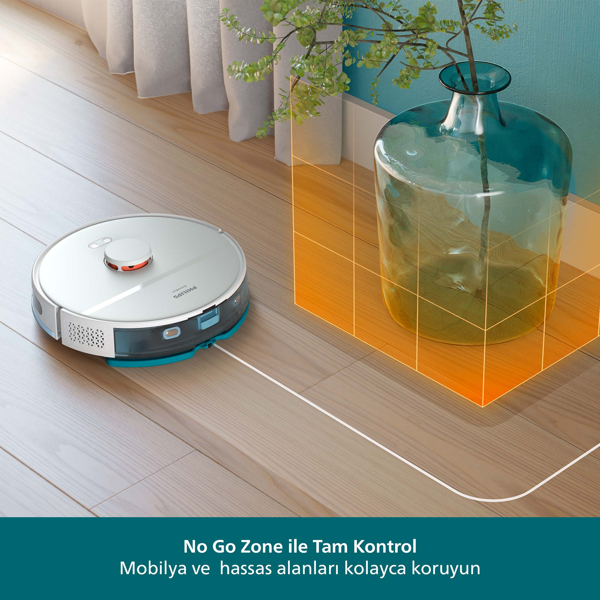 Ahşap zeminde bir robot süpürge. Sağda bitki bulunan bir vazo. Turuncu çizgiler yasak bölgeyi tanımlar.