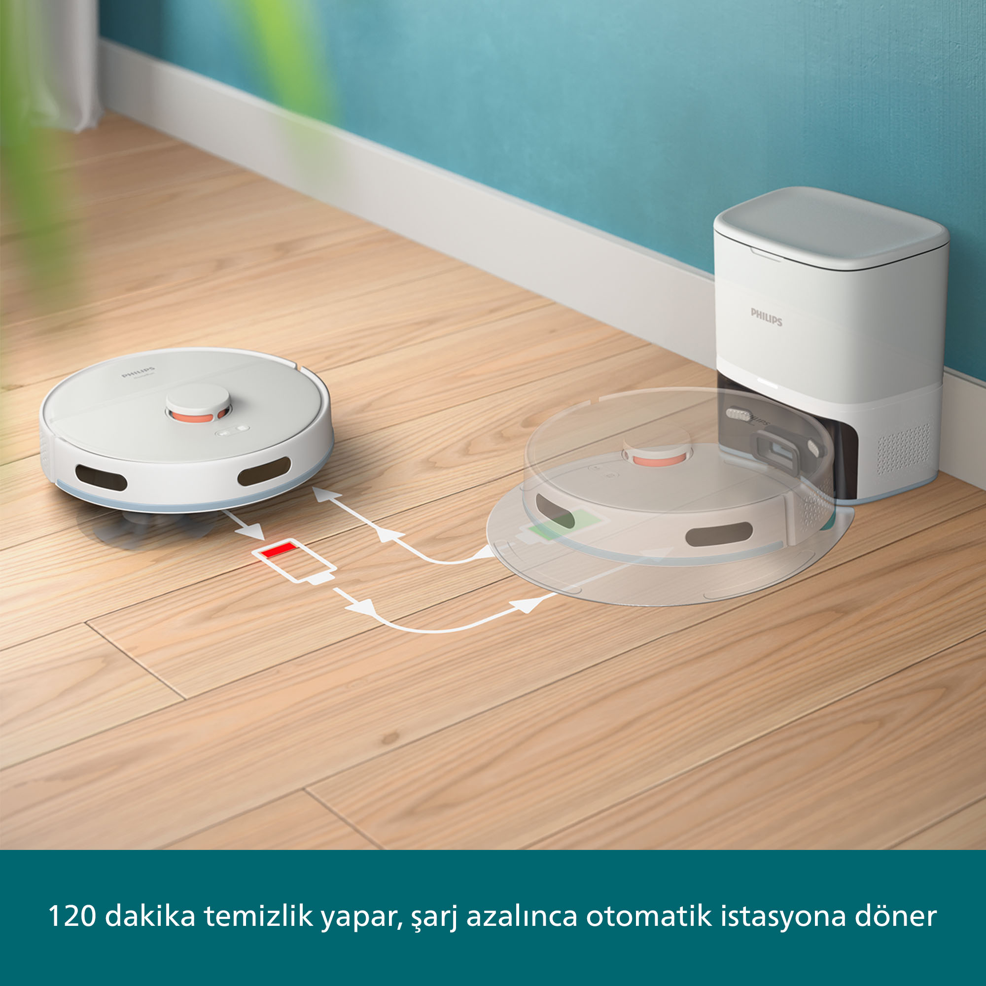 Beyaz bir robot süpürge ve şarj istasyonu. Robot süpürür ve otomatik olarak istasyona döner.