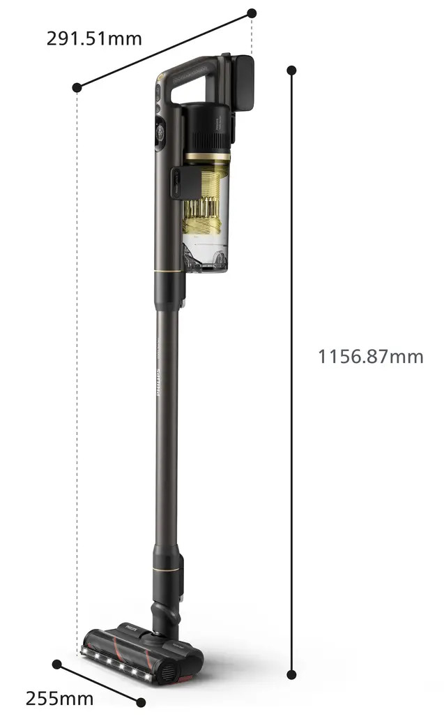 Odkurzacz bezprzewodowy z oznaczonymi wymiarami. Ma ciemnoszarą obudowę, przezroczystą komorę na kurz i czarną głowicę szczotki z diodami LED.