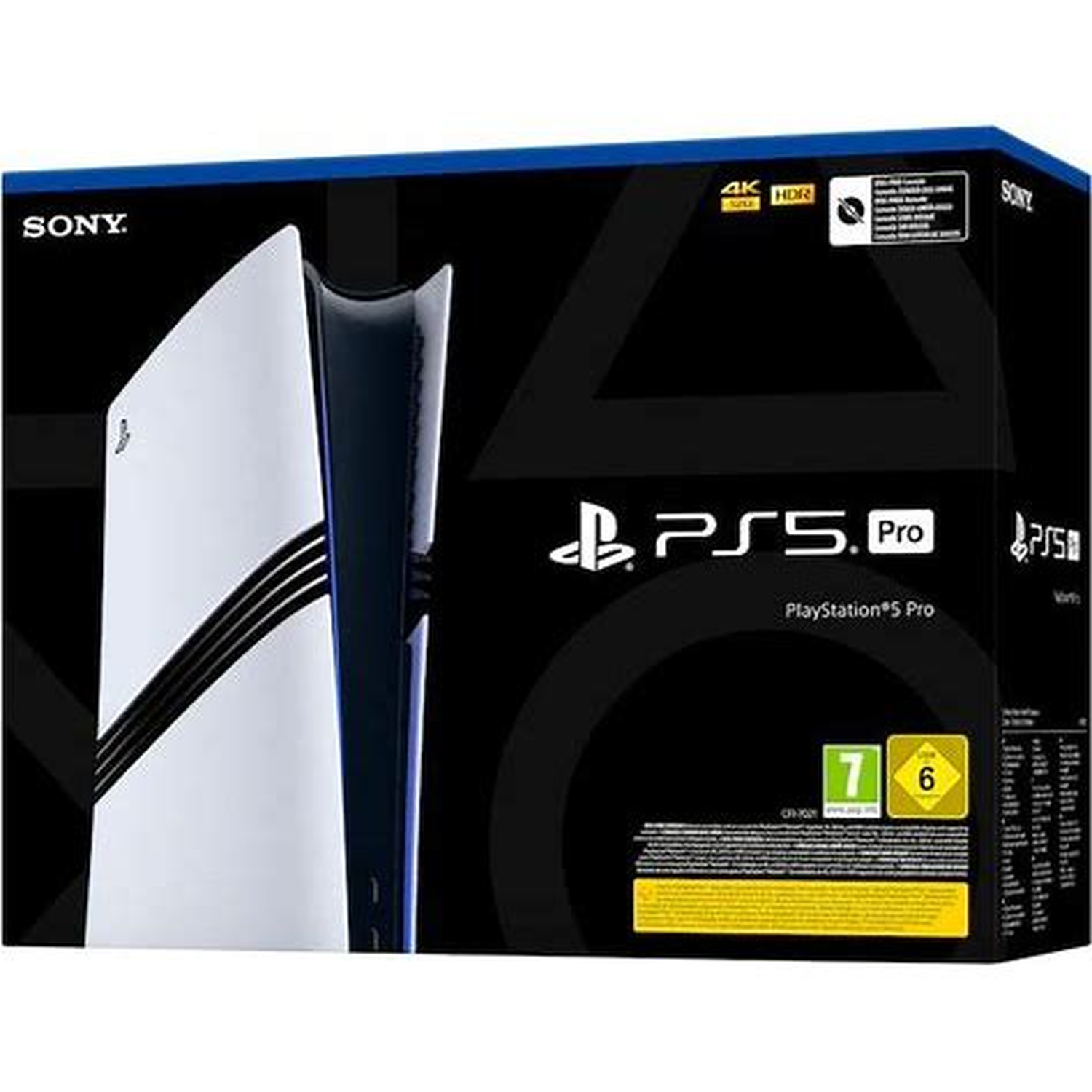 Een PlayStation 5 Pro doos. Het heeft de console afbeelding links en het logo met details rechts, op zwarte achtergrond.