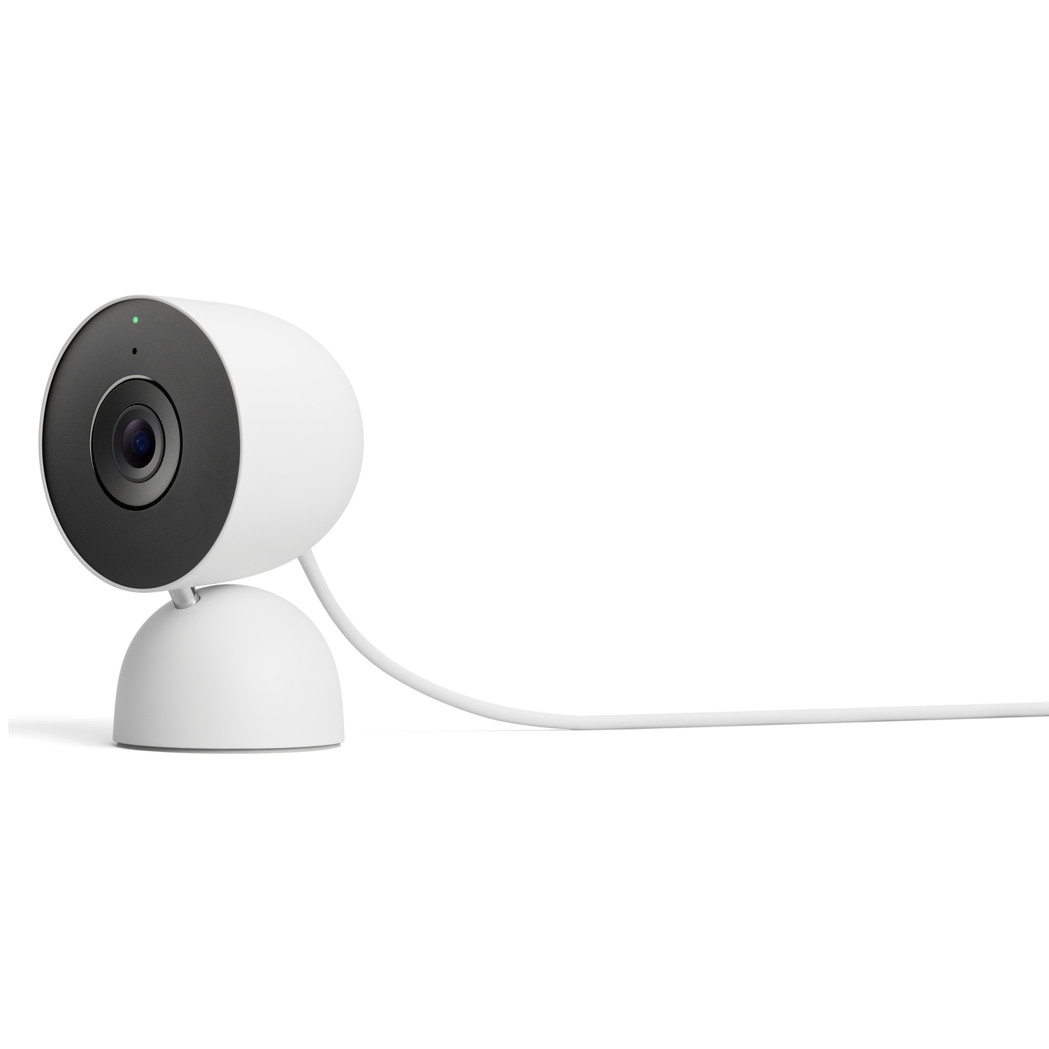 A white security camera with a black lens, a small green light, and a white cable, set against a white background.