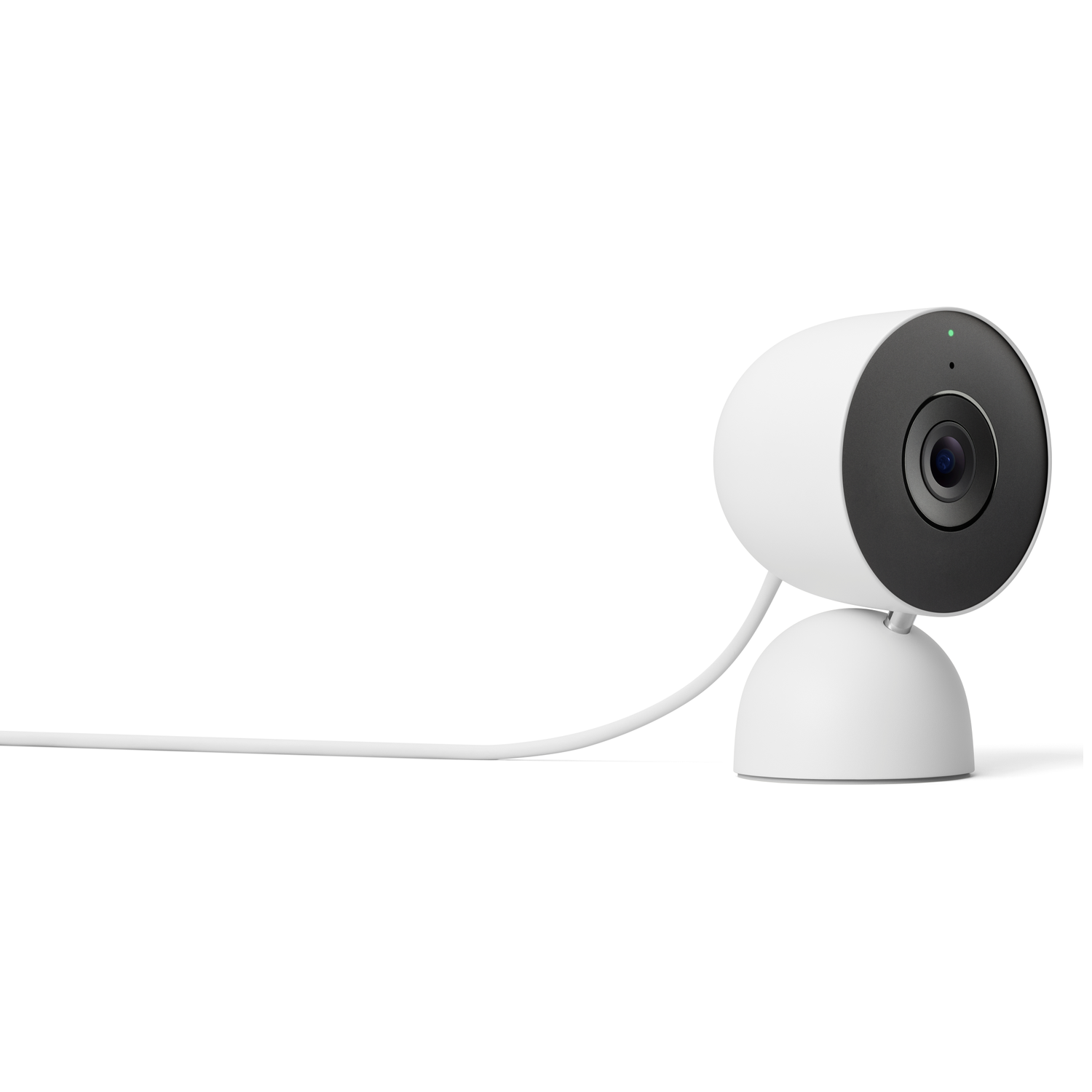 A white security camera with a black lens, resting on a white base, with a white cable. Set against a white background.