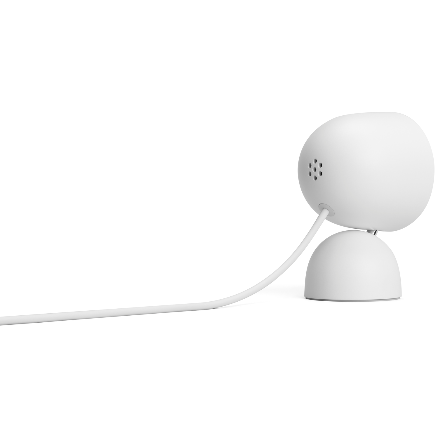 A white security camera with a round head and a small base. A white cable extends from the camera.