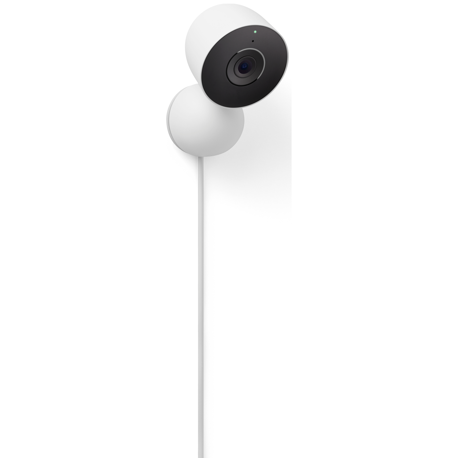 A white security camera with a black lens is mounted on a wall. A white cable extends down. The background is white.