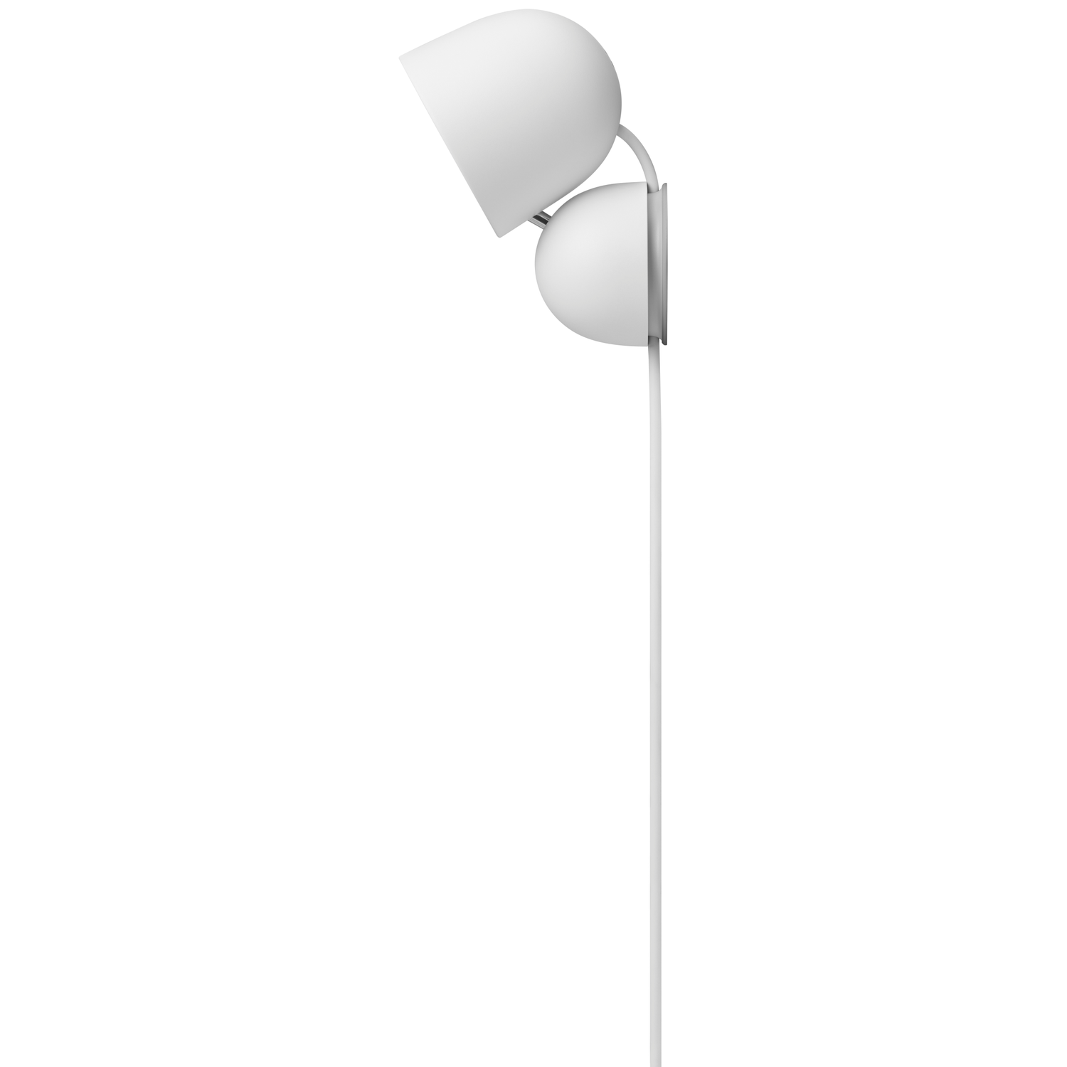 A white, modern wall lamp with two spherical lamps and a straight stem, against a white background.