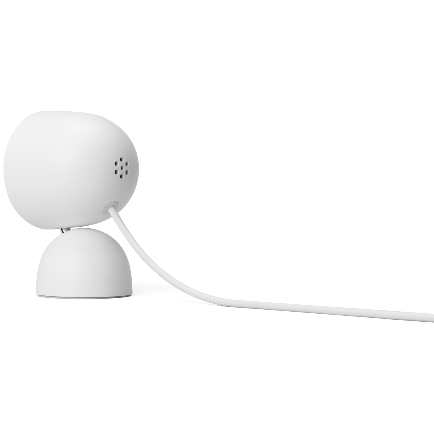 A white security camera with a round head and base, connected by a cable. The camera is on a white background.