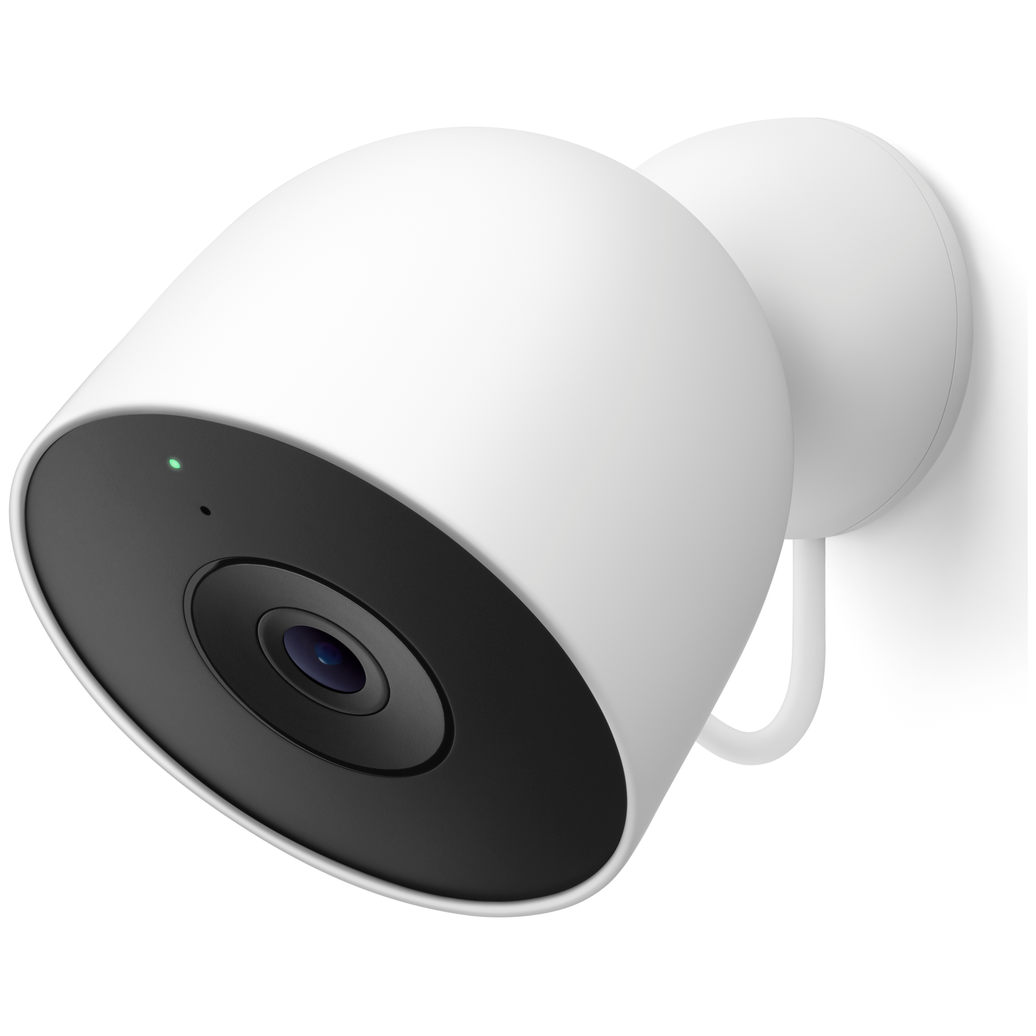 A white security camera is mounted on a wall. It has a black front with a lens and a green light.
