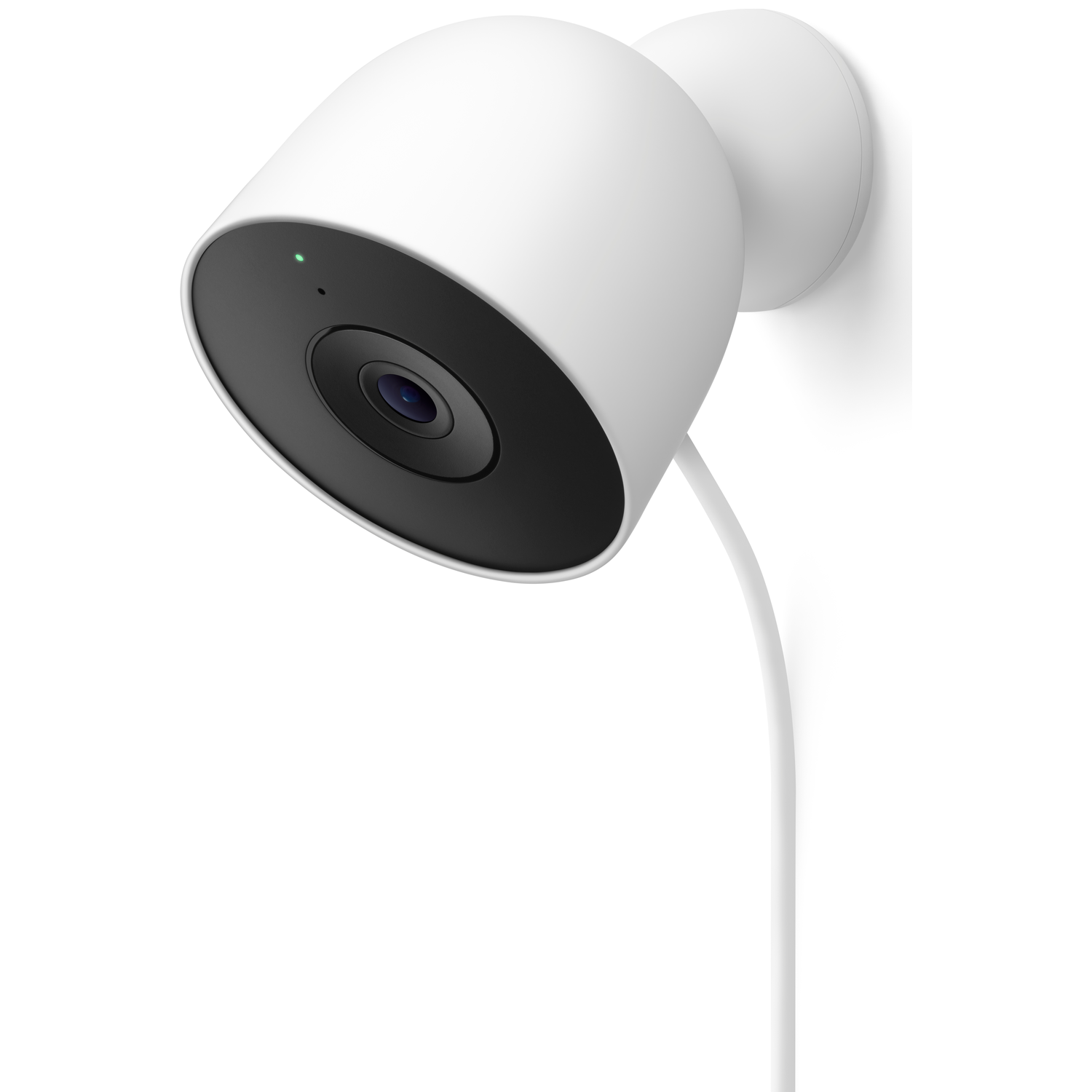 A white Nest security camera with a black lens. It is mounted on a white wall with a white cable. Green LED is on.