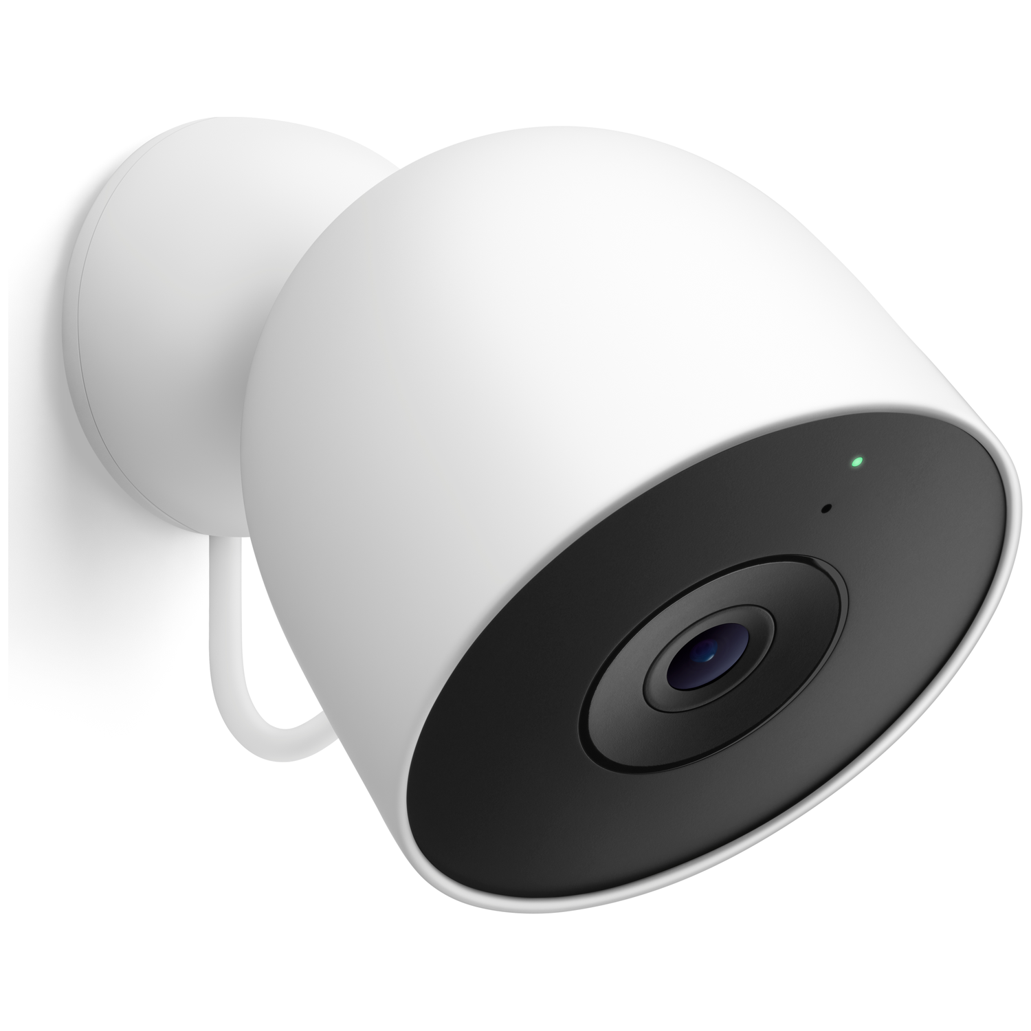 White security camera on a white wall. It has a black lens and a green light. The camera is mounted on a wall bracket.
