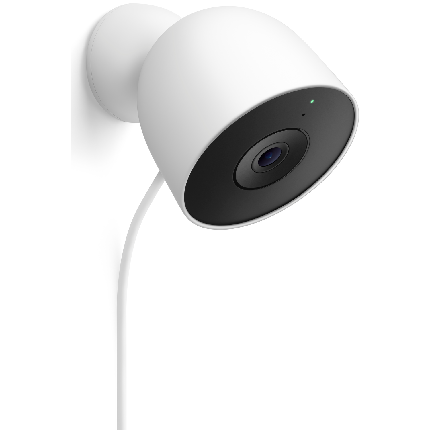A white security camera with a black lens, mounted on a white wall. A white cable extends down from the camera.