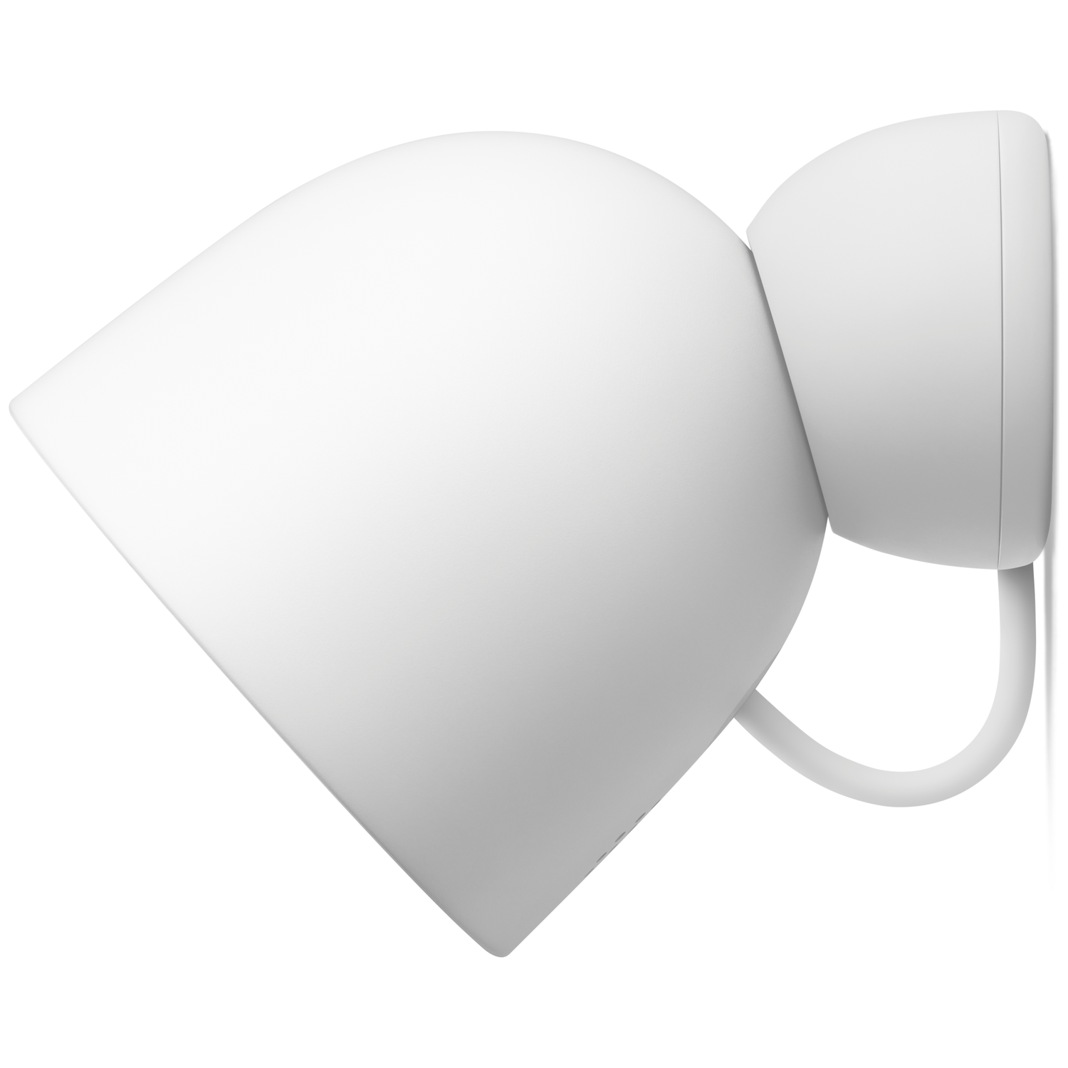 A white, rounded security camera is mounted on a white wall. The camera has a curved shape and a connecting arm.