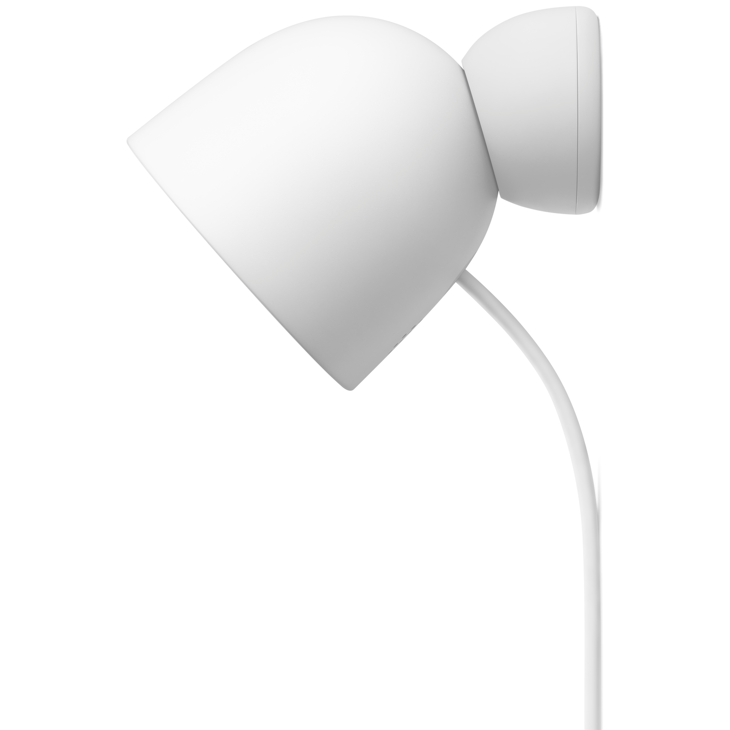 A white, modern lamp with a curved stem and two rounded light sources. The background is entirely white.