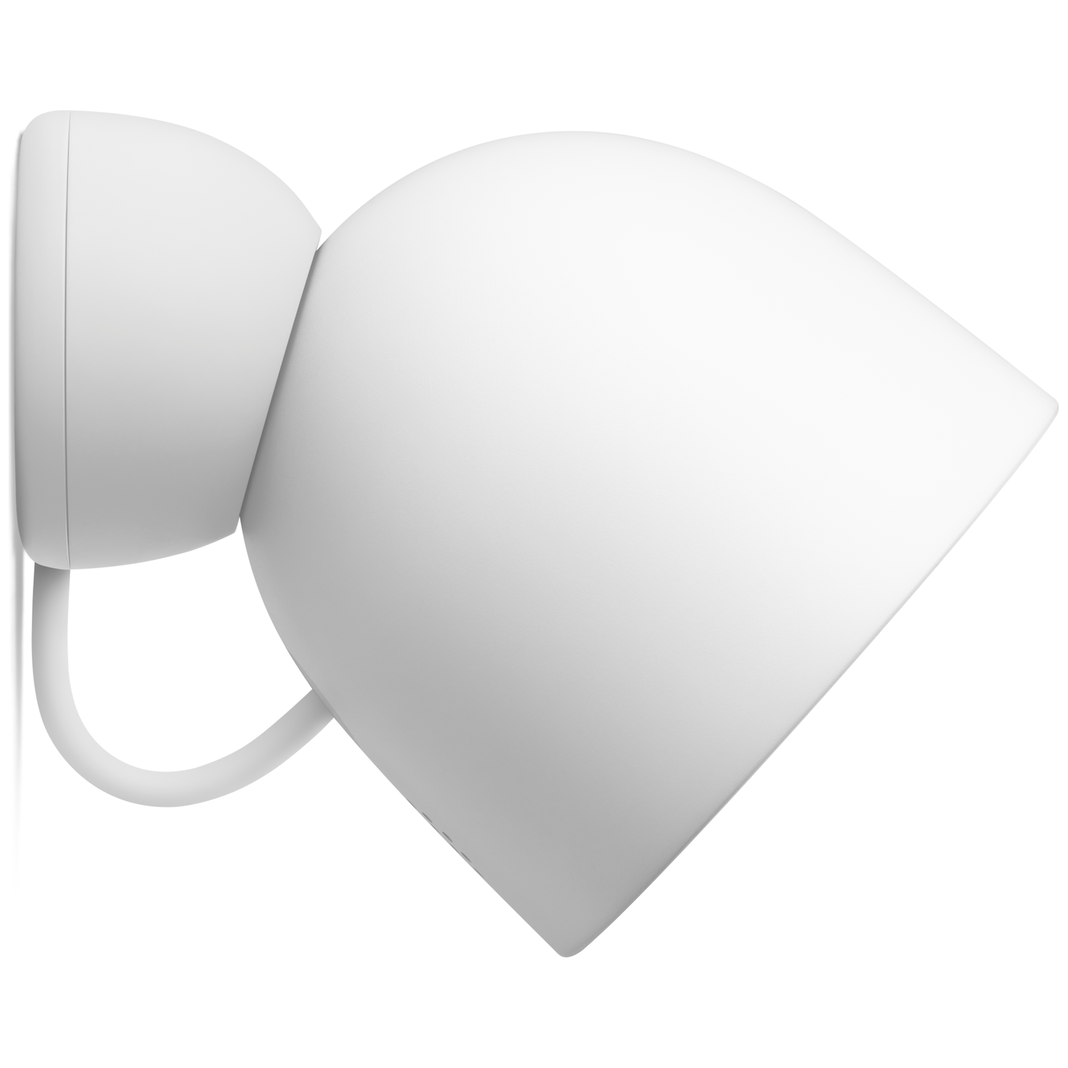 A white wall-mounted light fixture. It has a rounded base, a curved arm, and a large, teardrop-shaped shade. All elements are white.