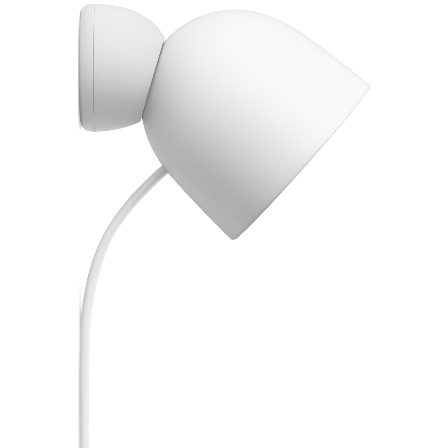 A white, modern speaker. It has a rounded body with a smaller, cylindrical component attached. A white cable extends downwards.