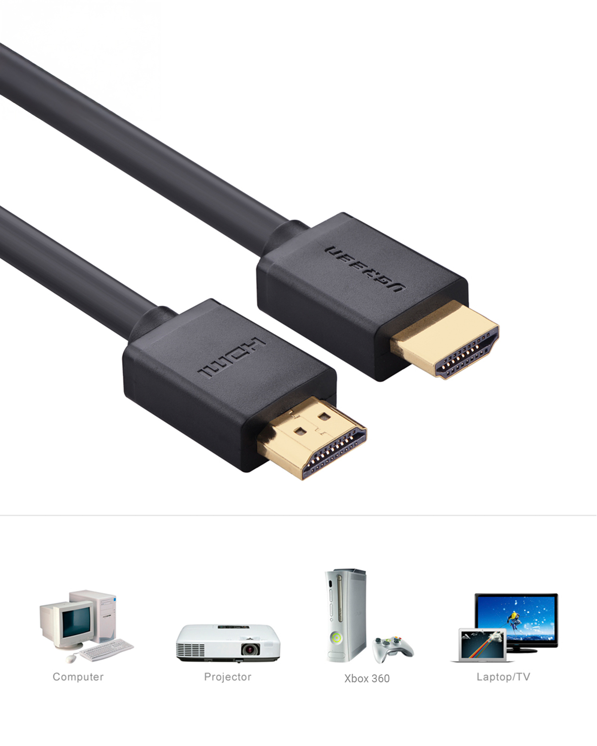 Altın konektörlü siyah HDMI kablosu. Kablo, bilgisayar, projektör, Xbox 360 ve dizüstü bilgisayar/TV simgelerine bağlıdır.