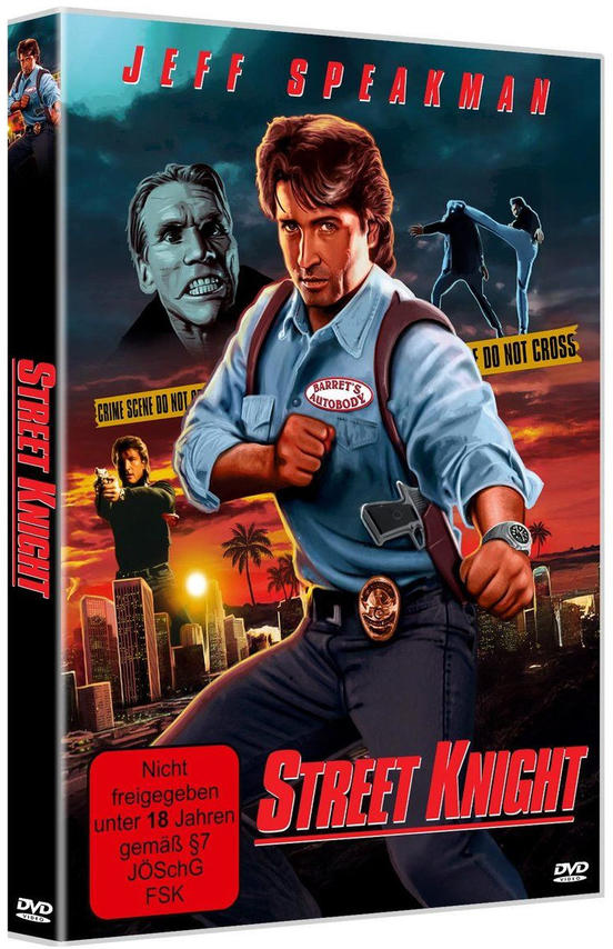 DVD-Cover von 'Street Knight'. Jeff Speakman im Fokus, umgeben von Actionszenen und Skyline. Text lautet 'Street Knight'.