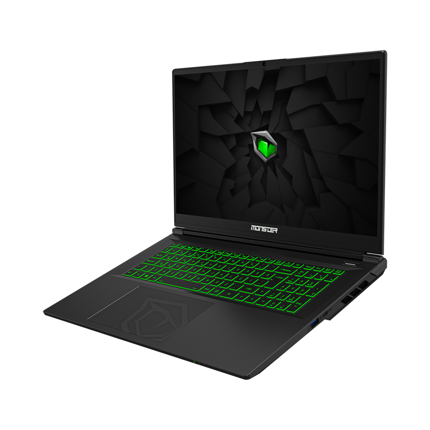 Siyah bir Monster oyun laptopu. Yeşil arkadan aydınlatmalı klavye, ekranda logo. Siyah zemin üzerinde şık tasarım.