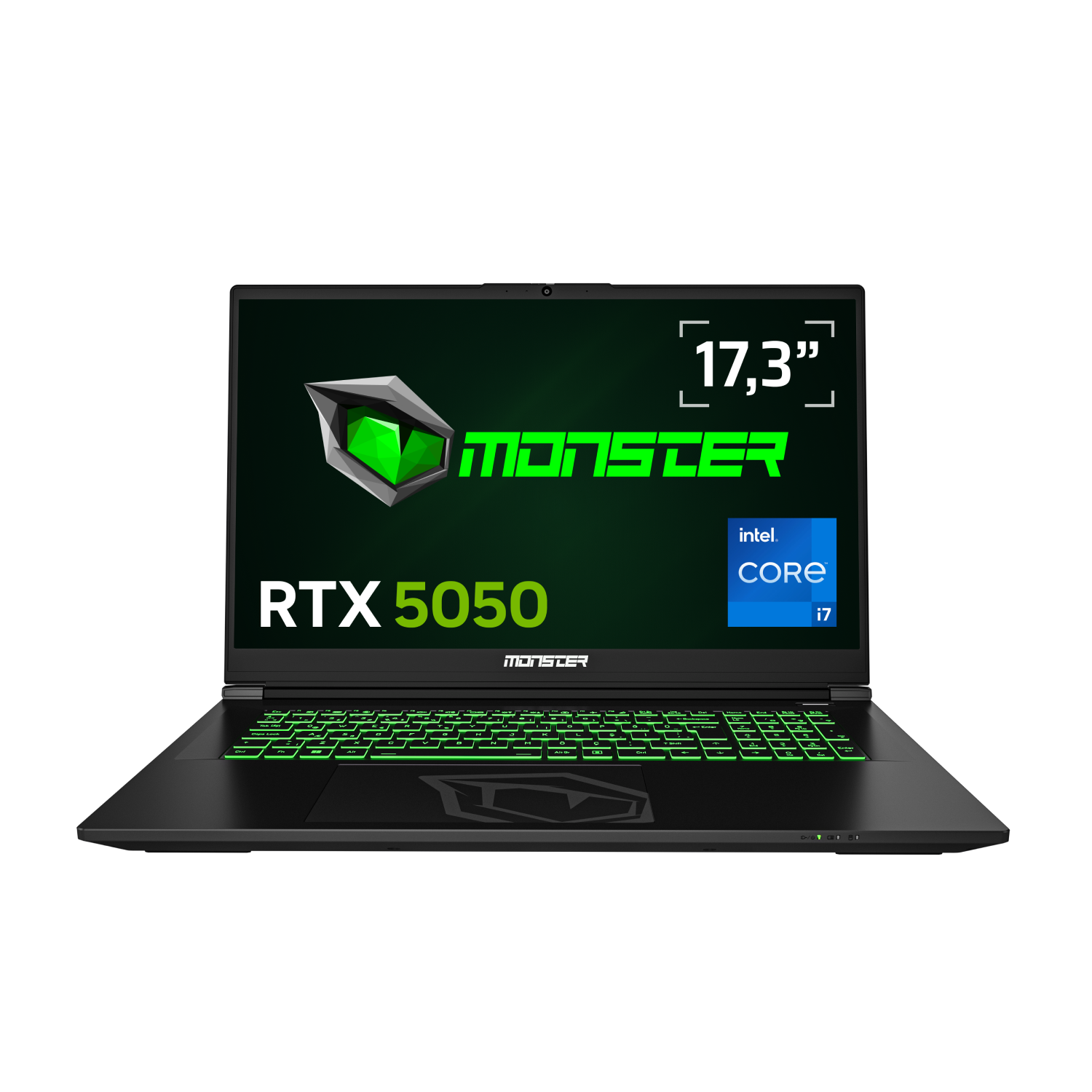 Yeşil aydınlatmalı klavyeye ve marka logosunu ve RTX 5050'yi gösteren ekrana sahip siyah bir Monster dizüstü bilgisayar.