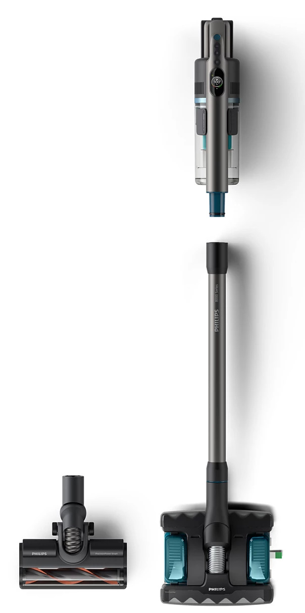 Zdemontowany bezprzewodowy odkurzacz Philips serii 8000. Komponenty: korpus, rura przedłużająca i głowica podłogowa.