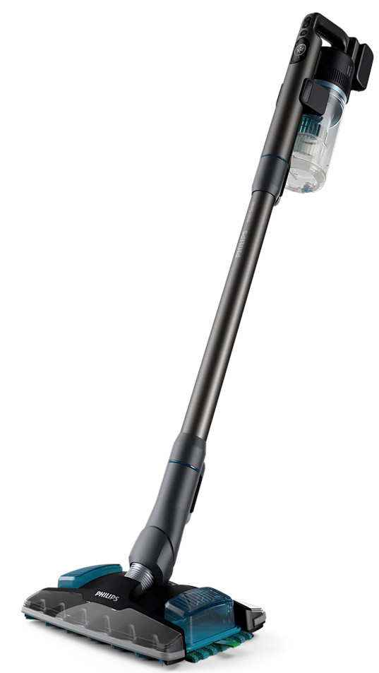 Bezprzewodowy odkurzacz Philips, ciemnoszary z turkusowymi akcentami. Ma długi uchwyt i głowicę szczotkową.