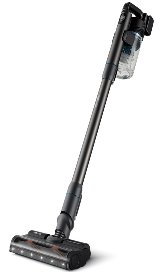 Bezprzewodowy odkurzacz Philips w kolorze antracytowym. Posiada długi uchwyt, pojemnik na kurz i zmotoryzowaną głowicę szczotkową.