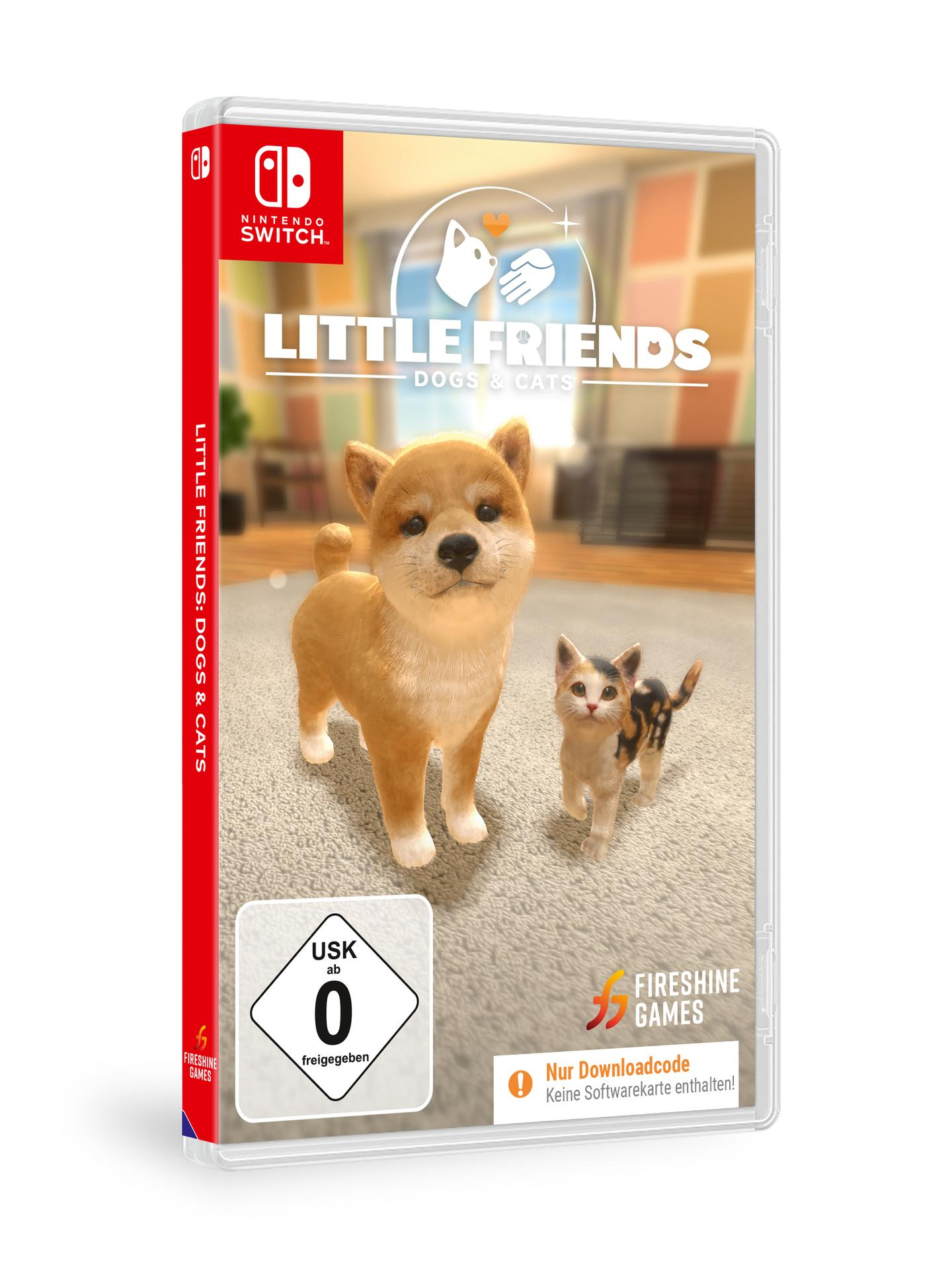 Spielcover mit Hund und Katze. Titel: Little Friends Dogs & Cats. Nintendo Switch Logo. USK-Rating 0.