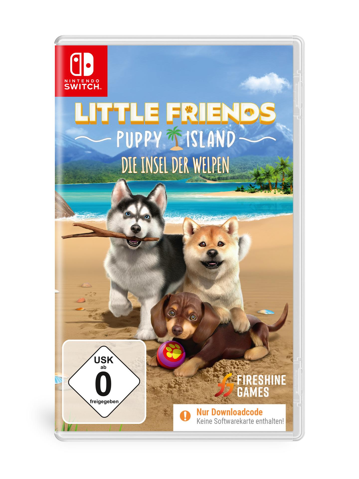 Spielcover: Drei Hunde am Strand. Titel: Little Friends Puppy Island. Nintendo Switch Logo. USK-Einstufung: 0.