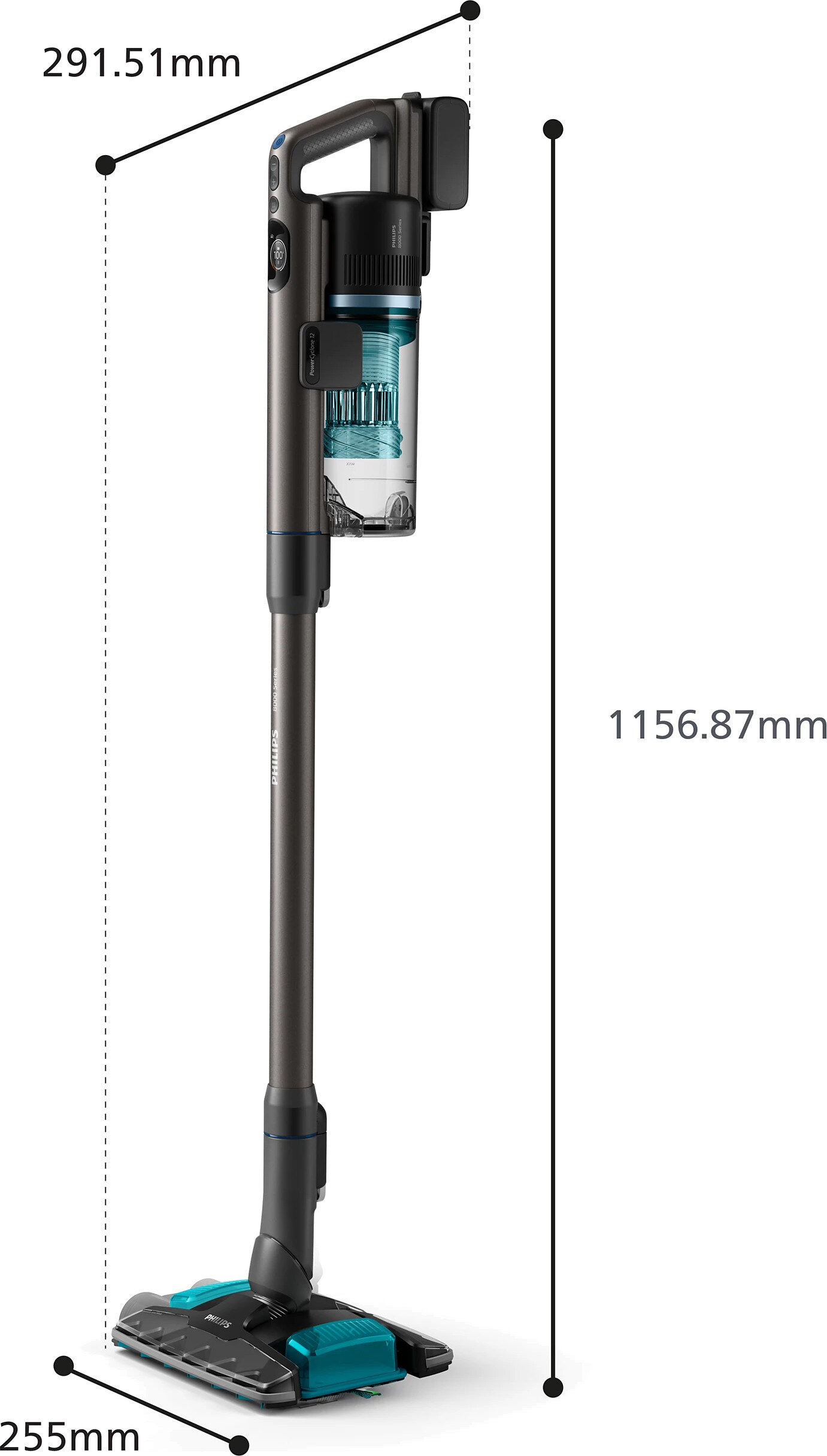 Bezprzewodowy odkurzacz Philips. Jest szary i turkusowy, z wymiarami w milimetrach.