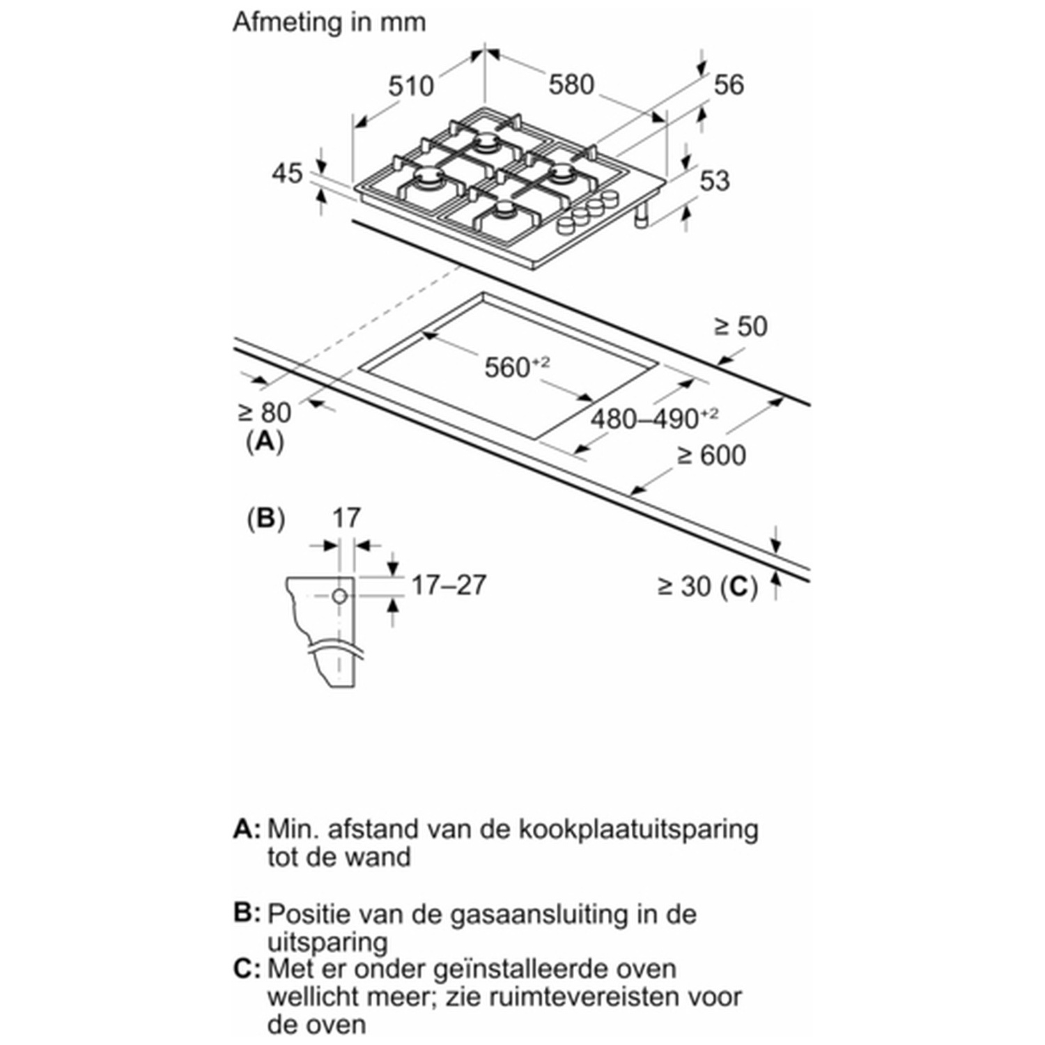Diagram van een gaskookplaat met afmetingen in mm. Bevat uitsneden met labels voor installatie-eisen en spelingen.