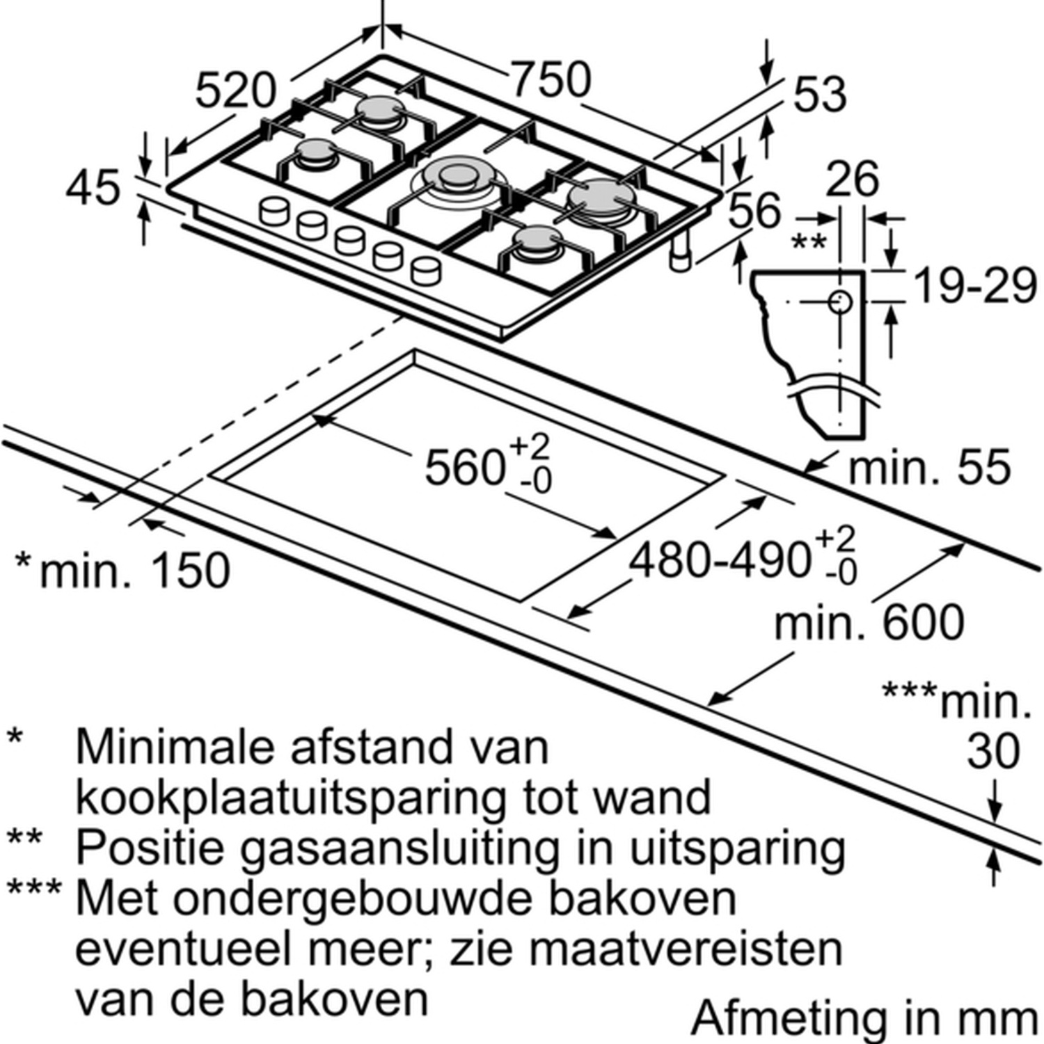 Diagram van een gaskookplaat met afmetingen in mm. Toont metingen voor de kookplaat, uitsparing en minimale afstanden.