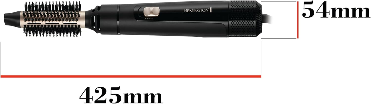 Siyah Remington saç kurutma makinesi, fırça başlığı ile. Boyutlar: 425mm ve 54mm.